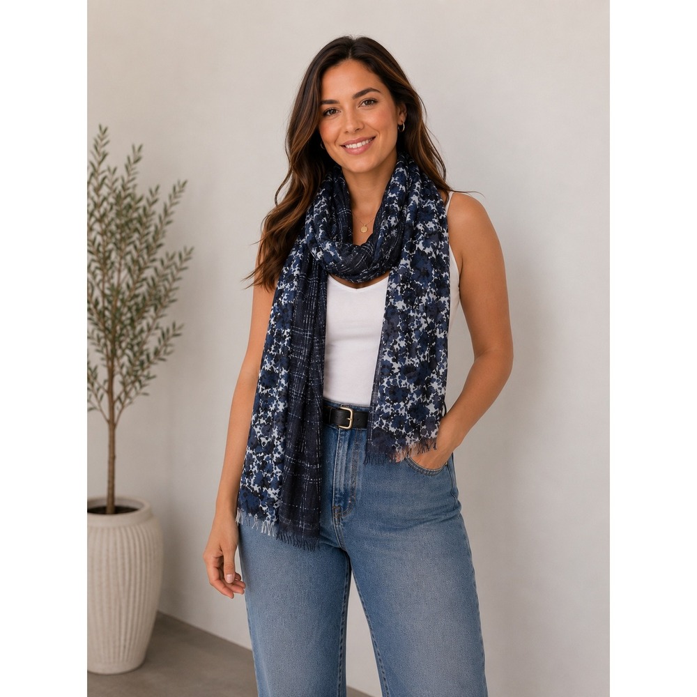 Simply Vera Wang Scarf Women OS Navy Floral Plaid Lightweight Wrap Fringe Career